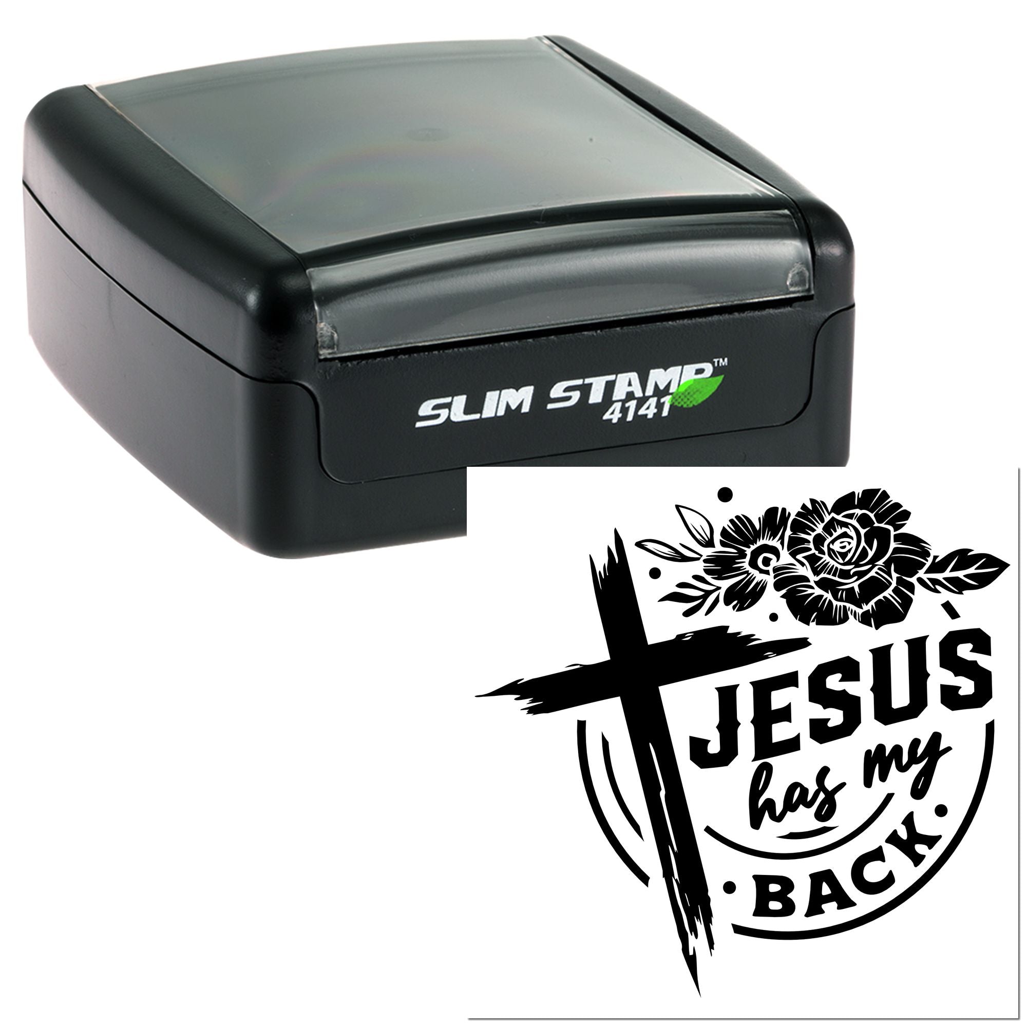 Slim Stamp self-inking rubber stamp with floral cross and Jesus has my back design imprint