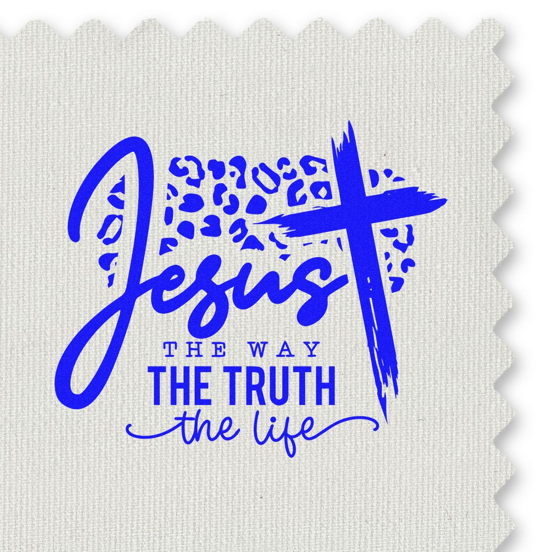 Christian rubber stamp design with blue Jesus, the way, the truth, the life text and cross on textured fabric background.