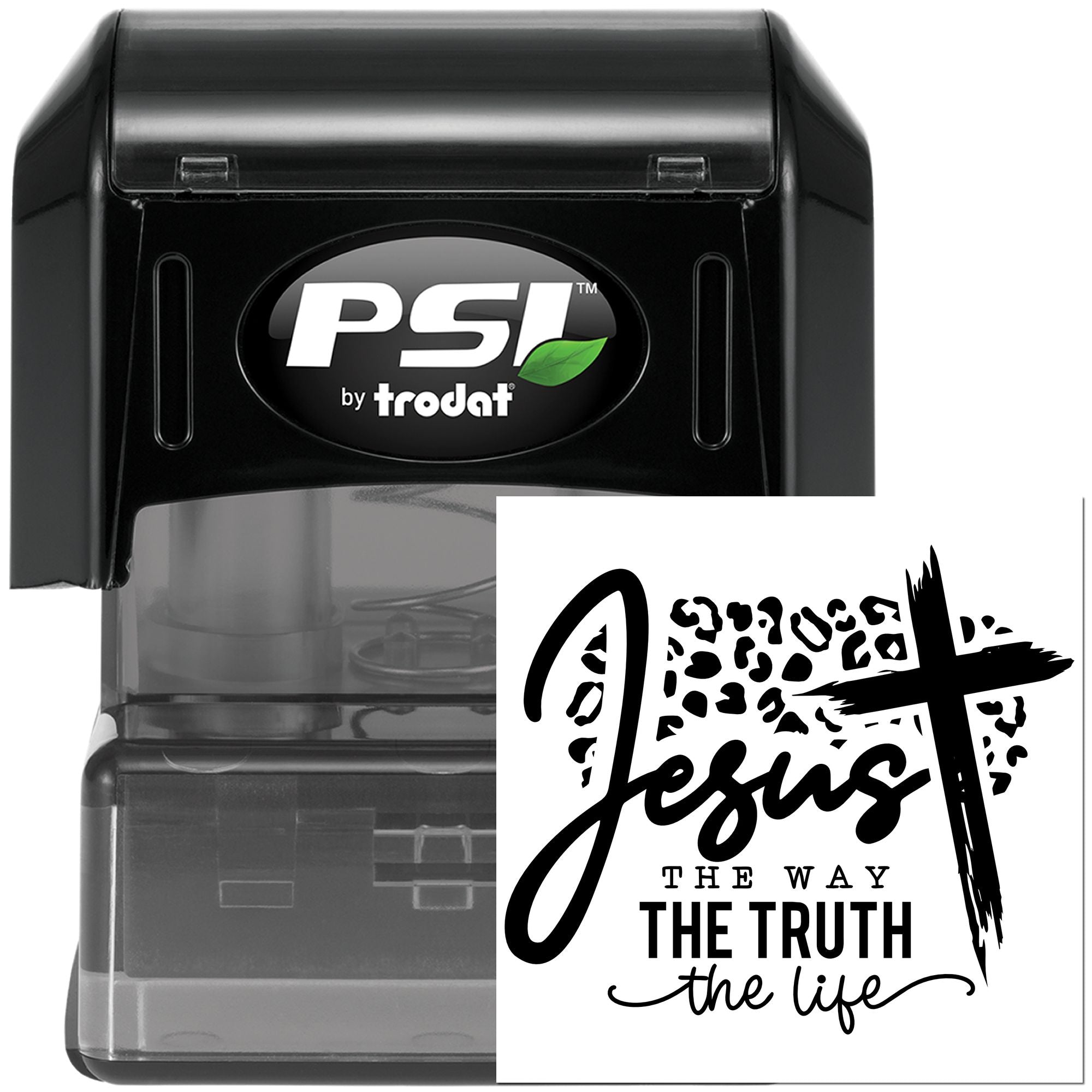 PSI by Trodat self-inking rubber stamp with Jesus the way, the truth, the life Christian faith design.