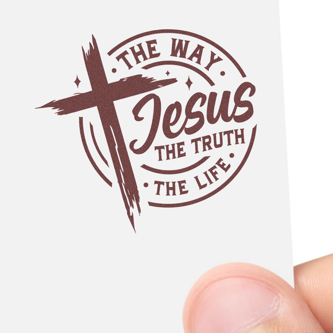 Custom Christian rubber stamp design with cross and The Way, Jesus, the Truth, the Life Bible verse text.