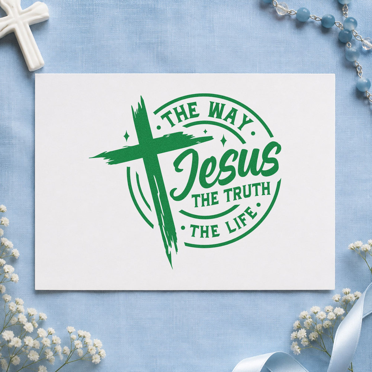 Jesus Way Truth Life Badge craft stamp imprint in green ink on a handmade project, one idea being apologetics class pages.