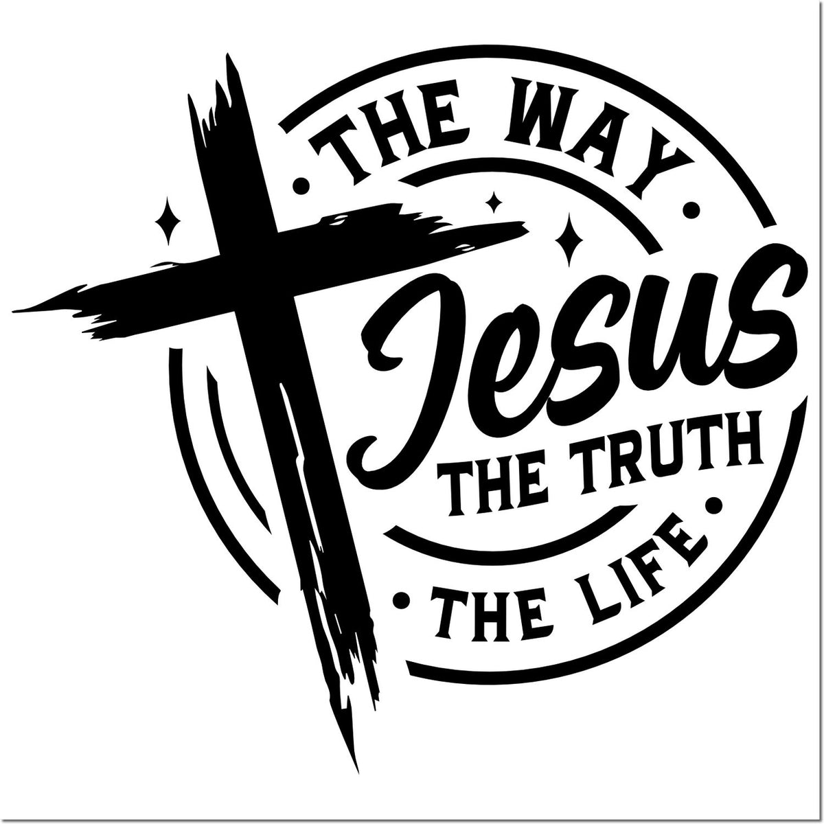 Christian rubber stamp design with cross and The Way Jesus the Truth the Life faith message.