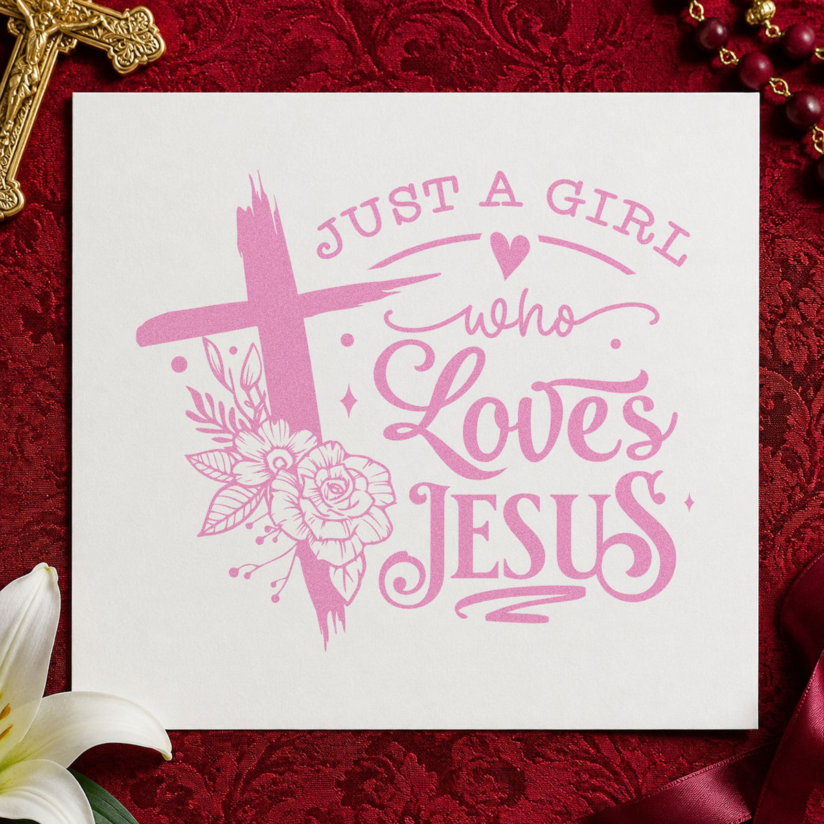 Girl Who Loves Jesus Floral craft stamp in purple ink on cardstock, an easy option for birthday party tags.