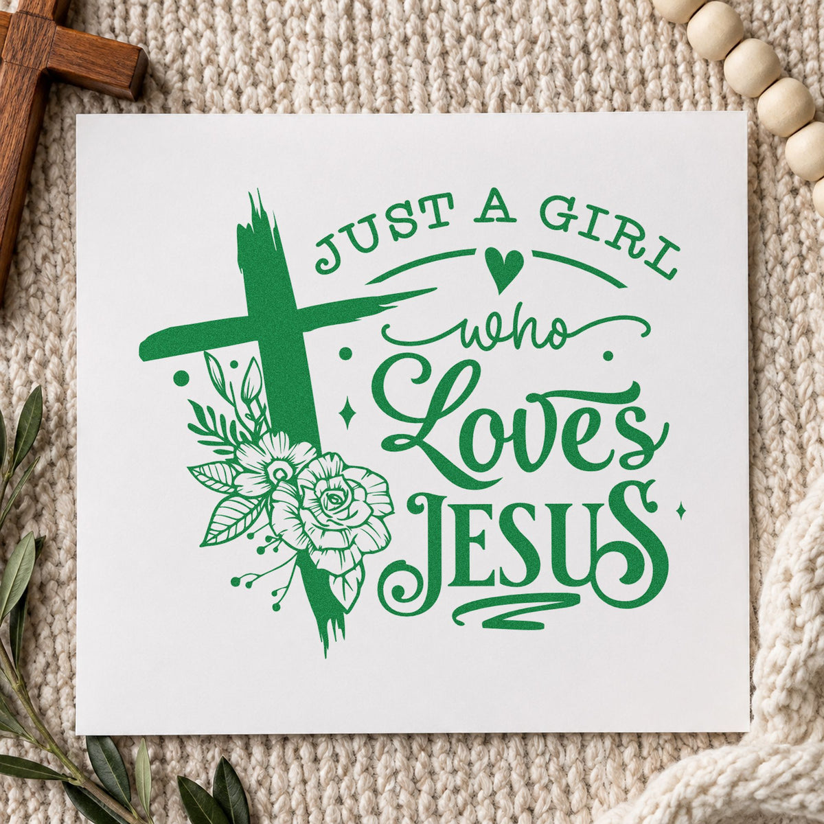 Just A Girl Who Loves Jesus Brushstroke Cross PSI Pre-Inked Stamp in use 3