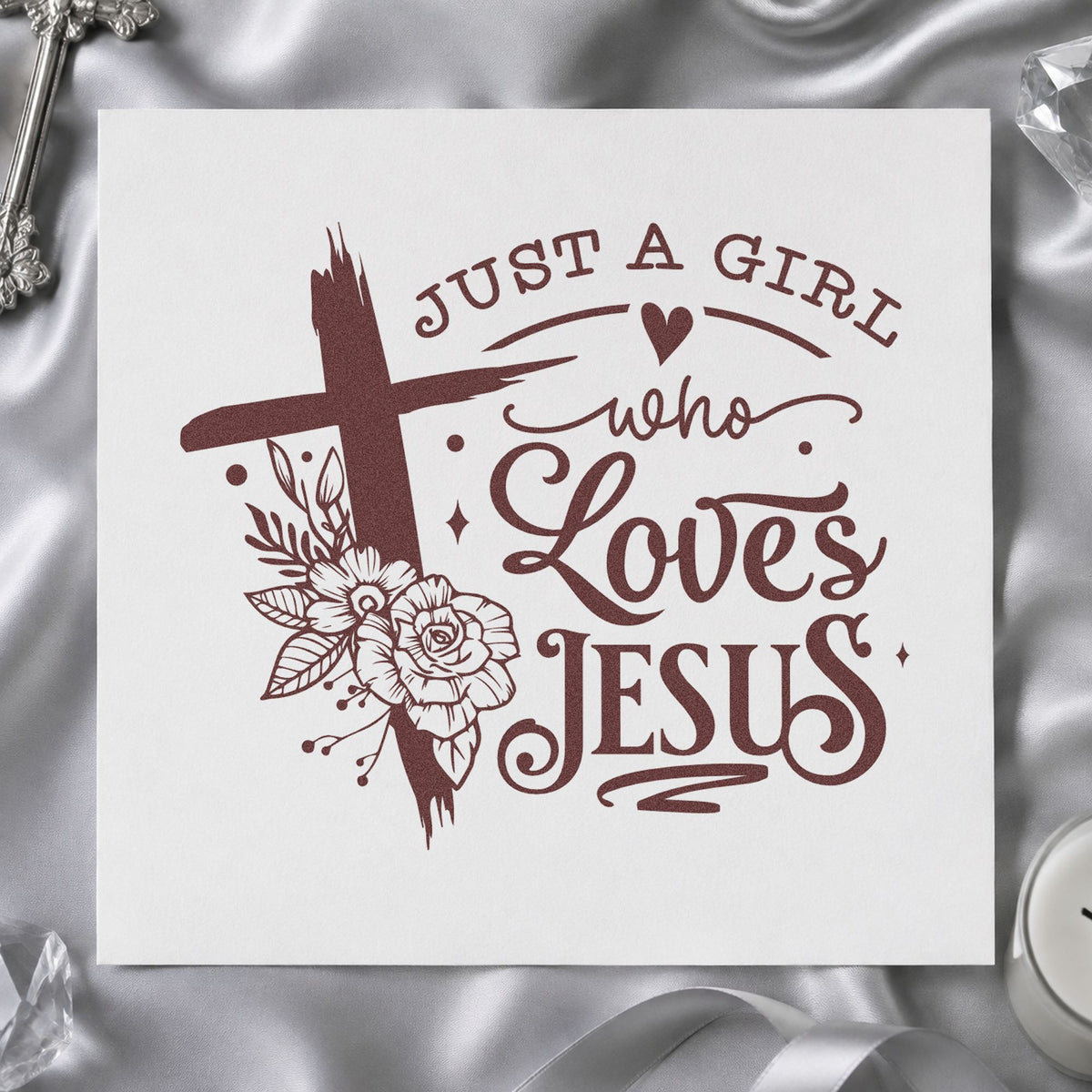 Girl Who Loves Jesus Floral rubber stamp printed in brown ink, ready for sleepover journal pages and similar paper crafts.