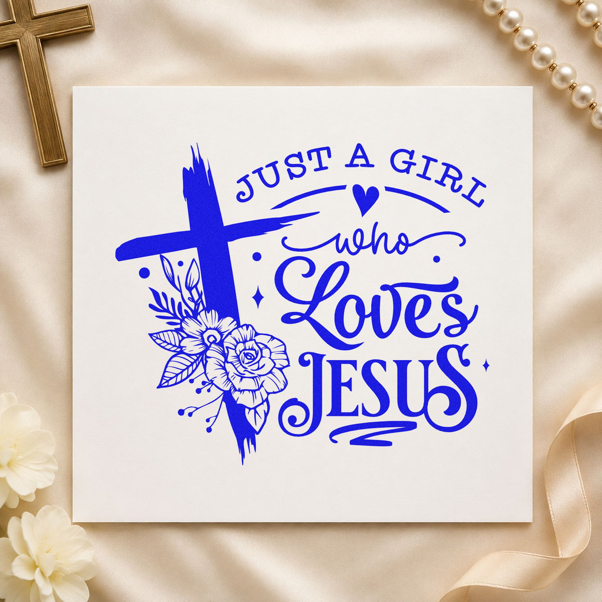 Girl Who Loves Jesus Floral craft stamp imprinted in blue ink on paper, a design suited to dance bag totes.