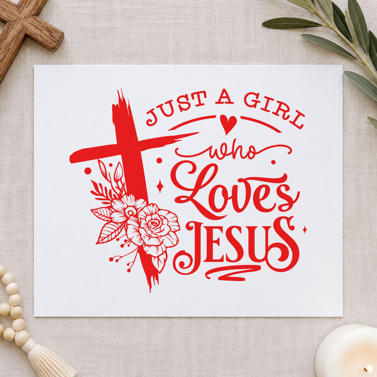 Girl Who Loves Jesus Floral rubber stamp shown in red ink, stamped for projects such as mentor circle notes.