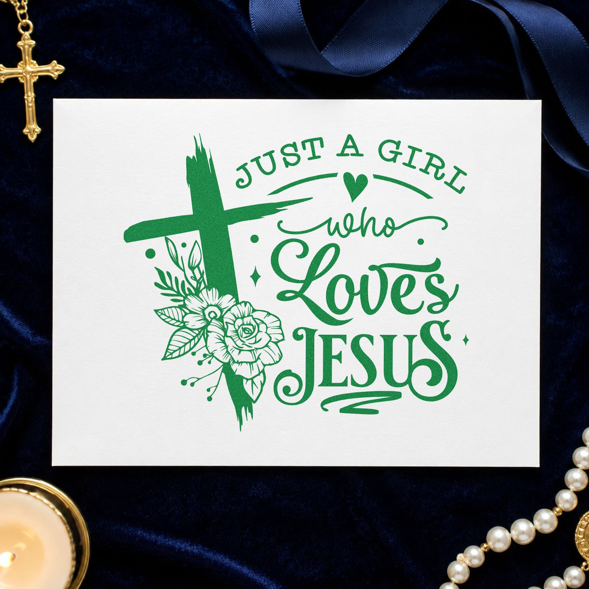 Girl Who Loves Jesus Floral craft stamp imprint in green ink on a handmade project, one idea being framed dorm art.