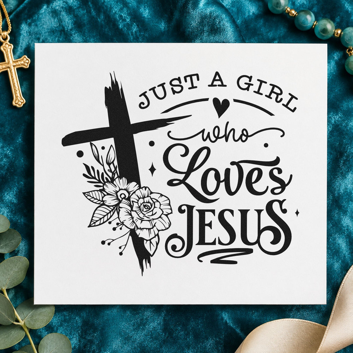 Girl Who Loves Jesus Floral rubber stamp printed in black ink, ready for outlined girl cards and similar paper crafts.