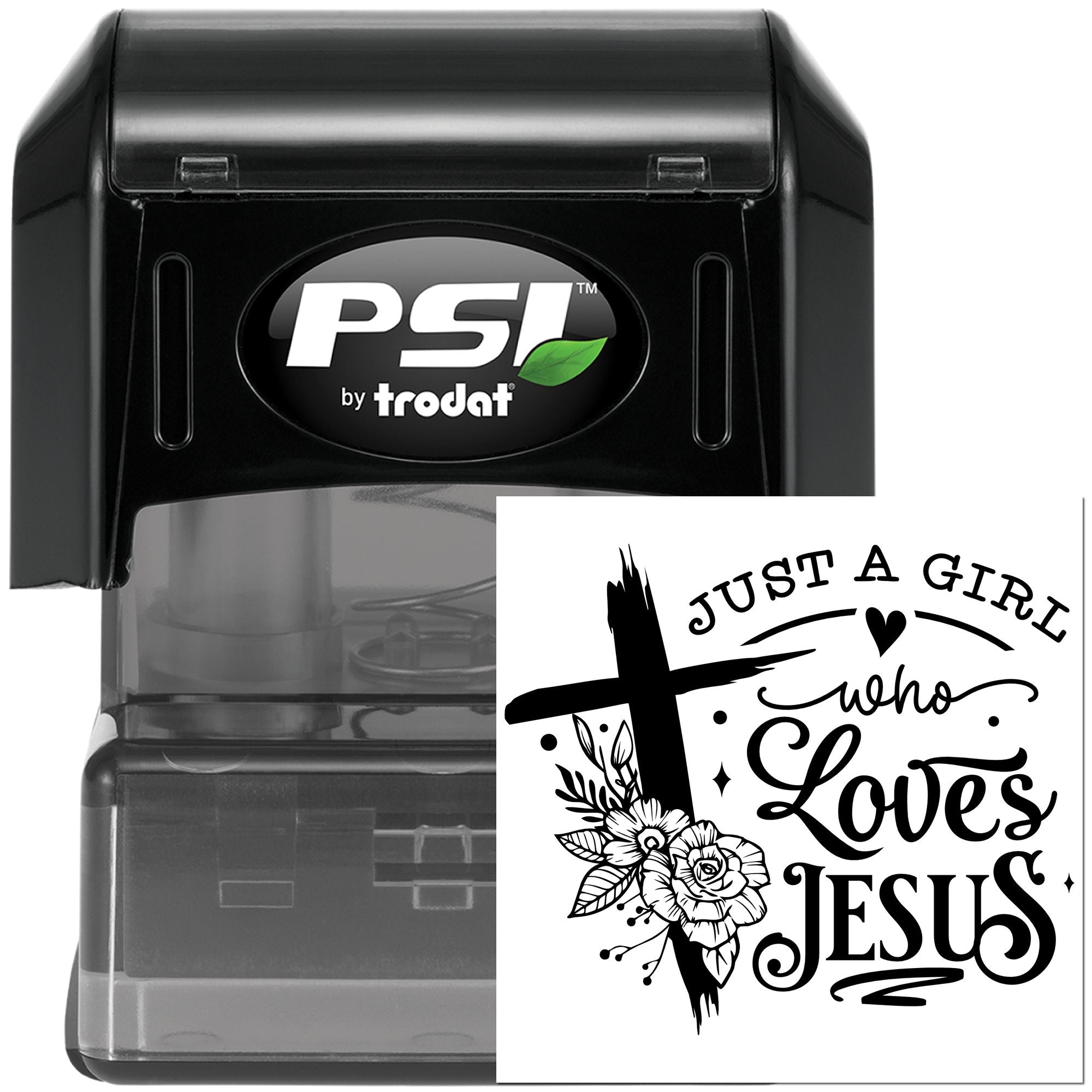 Self-inking PSI by Trodat rubber stamp with custom Christian design: Just a girl who loves Jesus with cross and floral art.