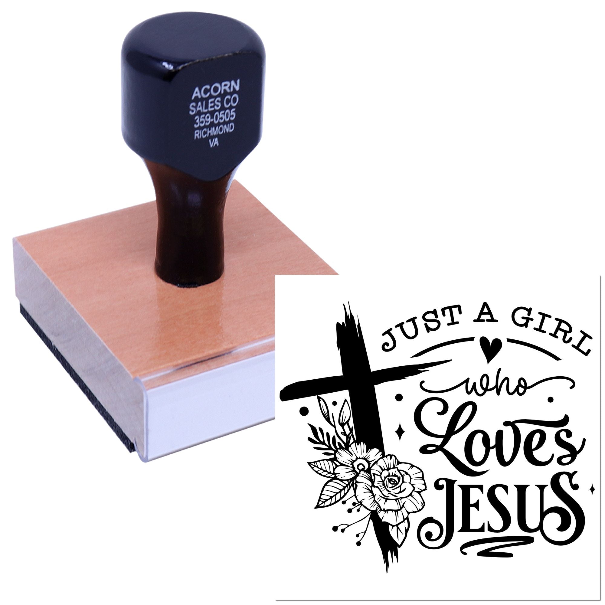 Faith-based custom rubber stamp with Just a Girl Who Loves Jesus design, cross, and floral accents for crafts.