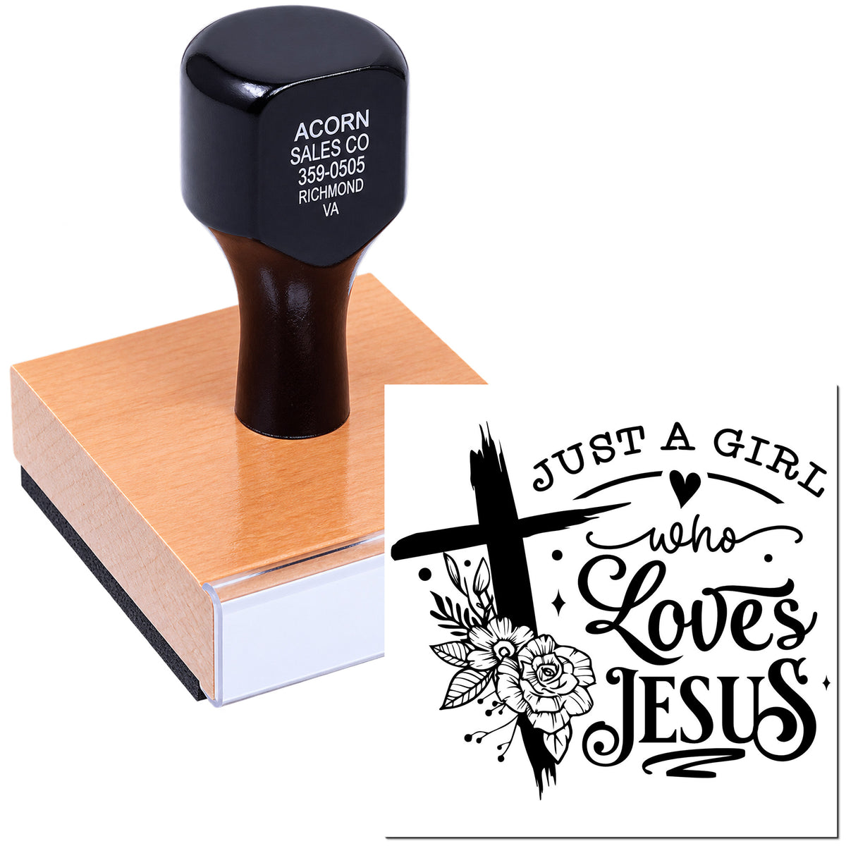 Faith-based custom rubber stamp with Just a Girl Who Loves Jesus design, cross, and floral accents for crafts.