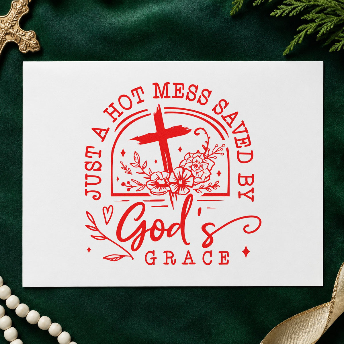 Hot Mess Saved by Grace rubber stamp shown in red ink, stamped for projects such as recovery group notes.