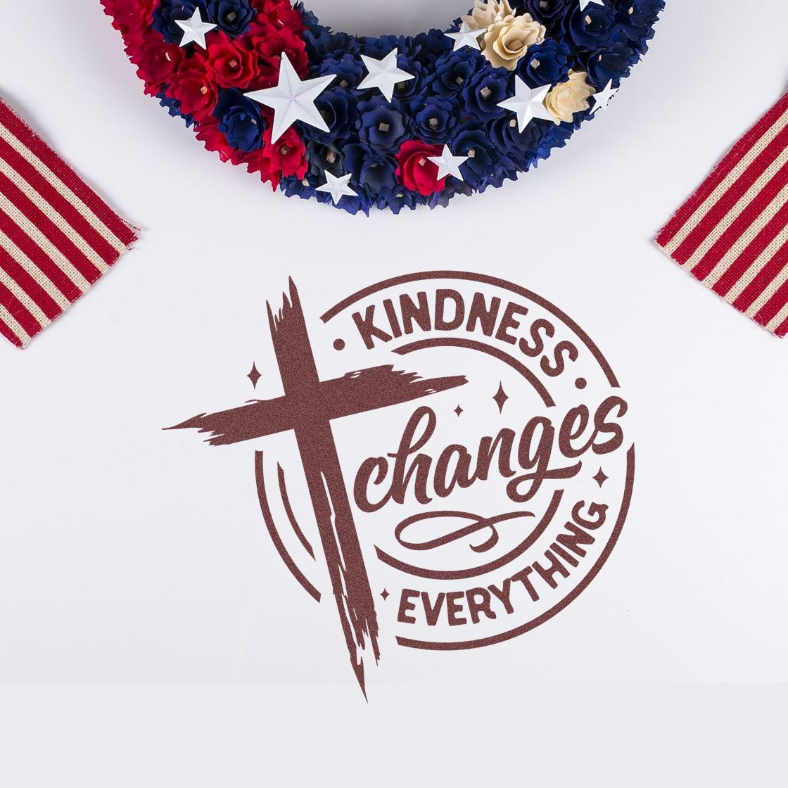 Custom rubber stamp design with Kindness Changes Everything and cross for faith-based inspirational crafts.