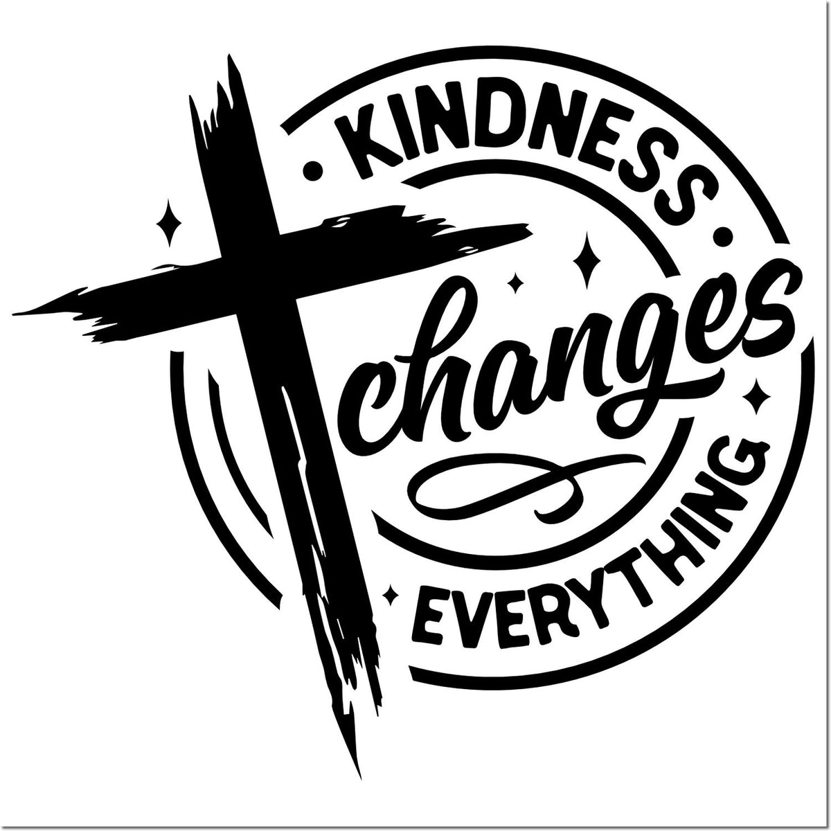 Kindness changes everything rubber stamp design with bold cross and circular typography for inspirational crafts.