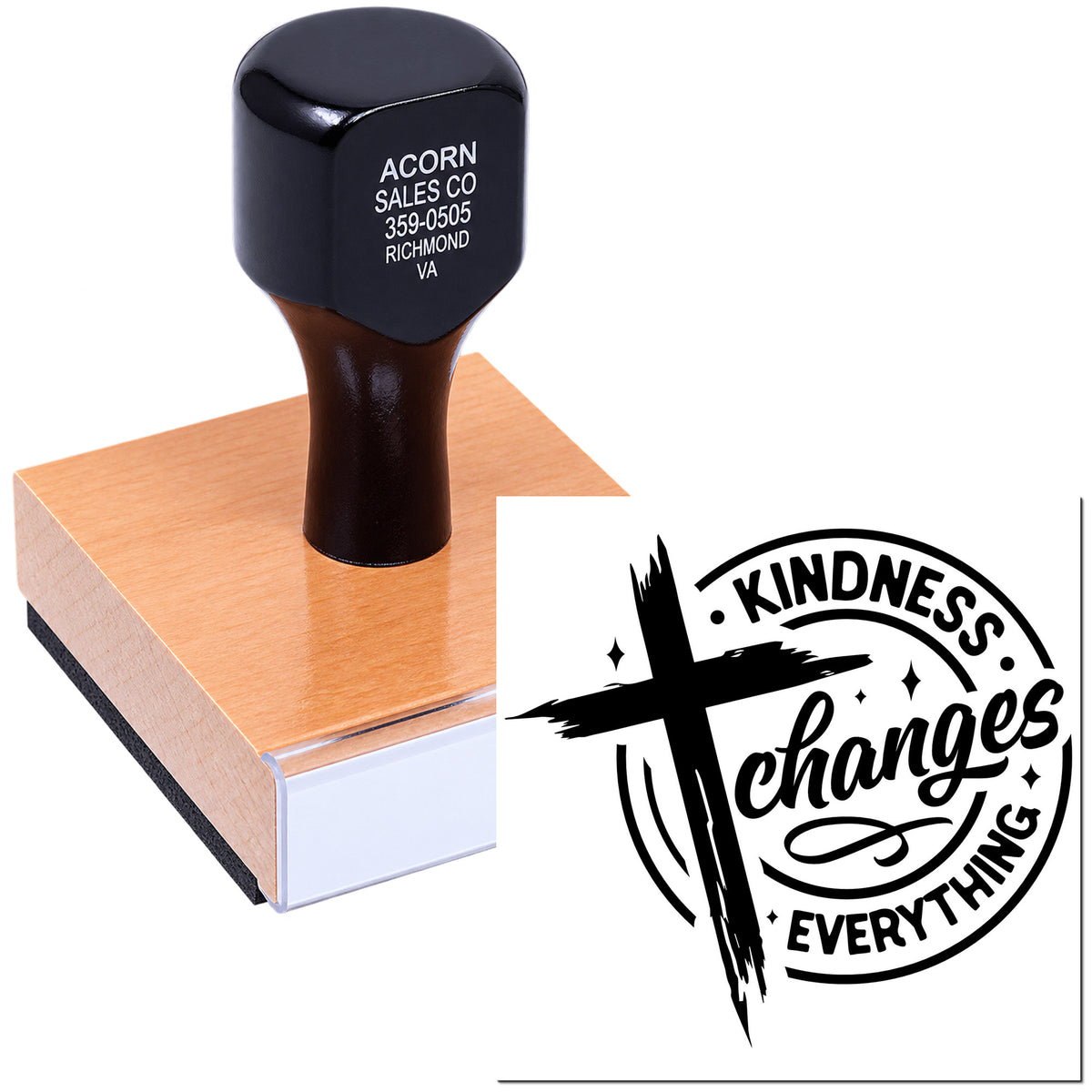 Custom rubber stamp with Kindness Changes Everything design, shown as a stamped impression for inspirational branding.