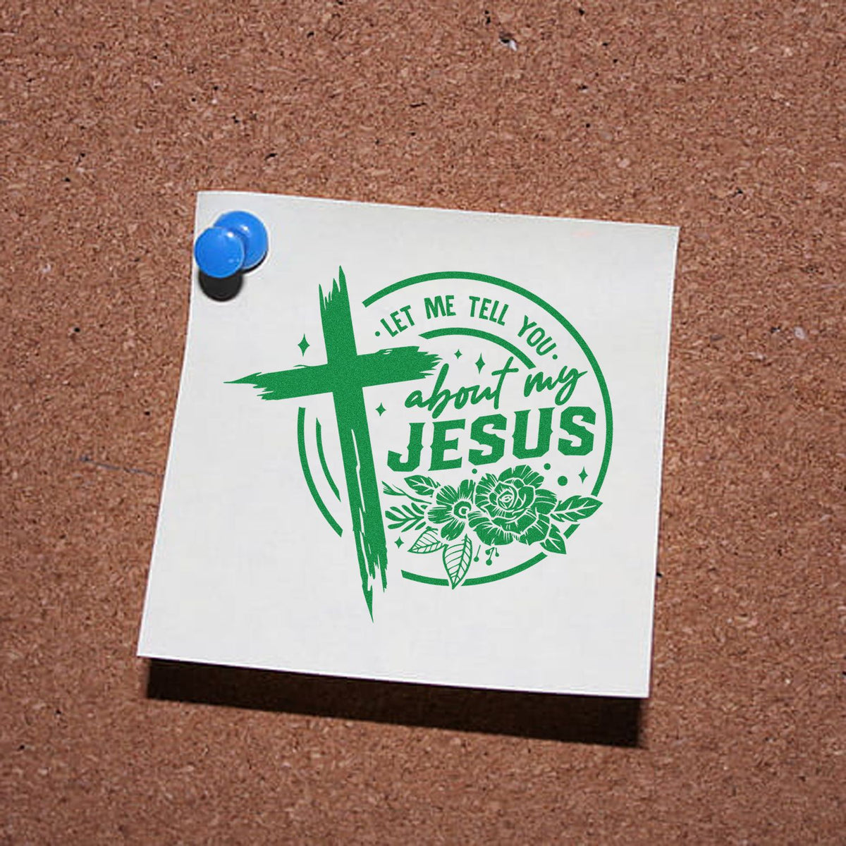 Christian rubber stamp design with cross and floral lettering reading Let Me Tell You About My Jesus for faith-based crafts