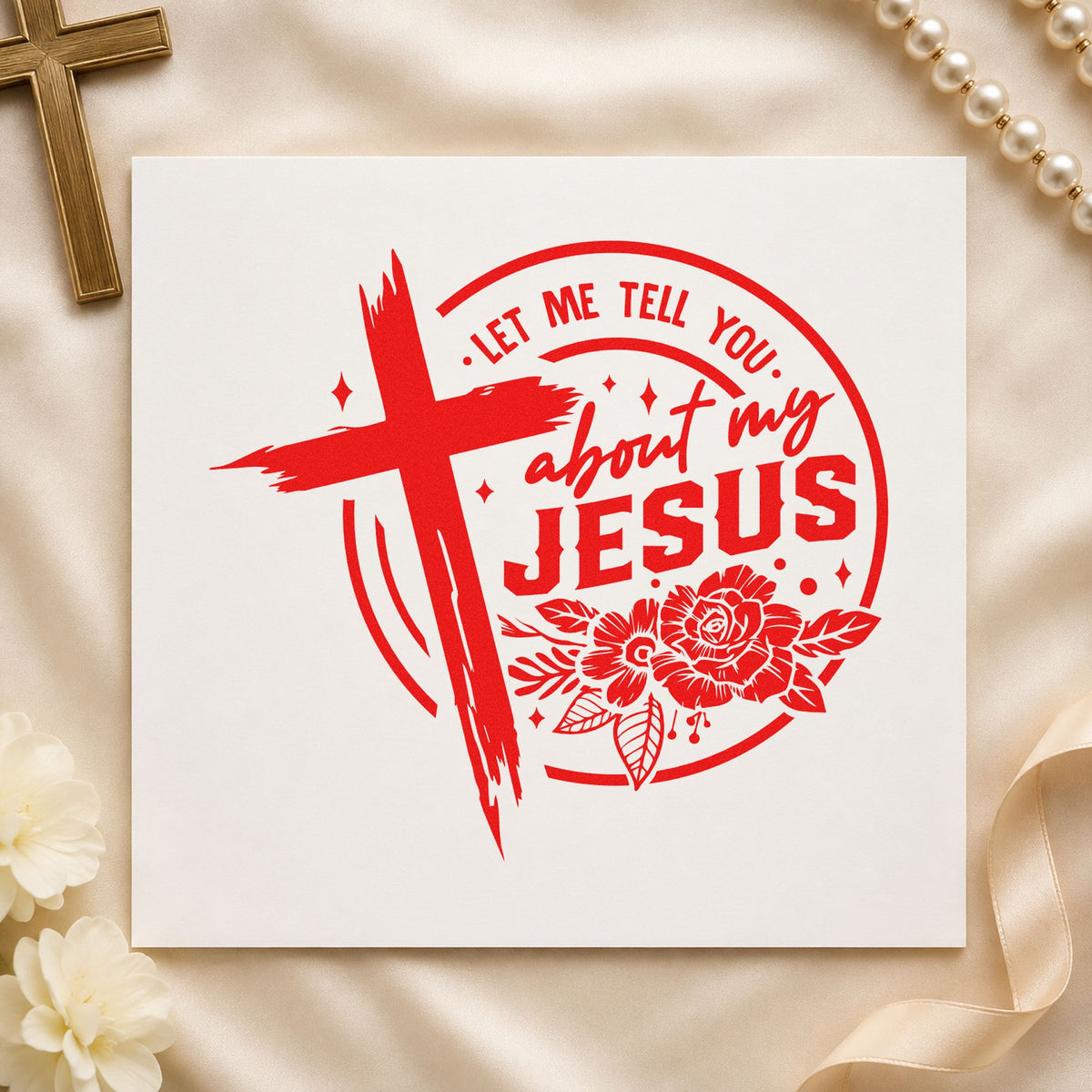 Let Me Tell You About Jesus rubber stamp shown in red ink, stamped for projects such as dorm door notes.