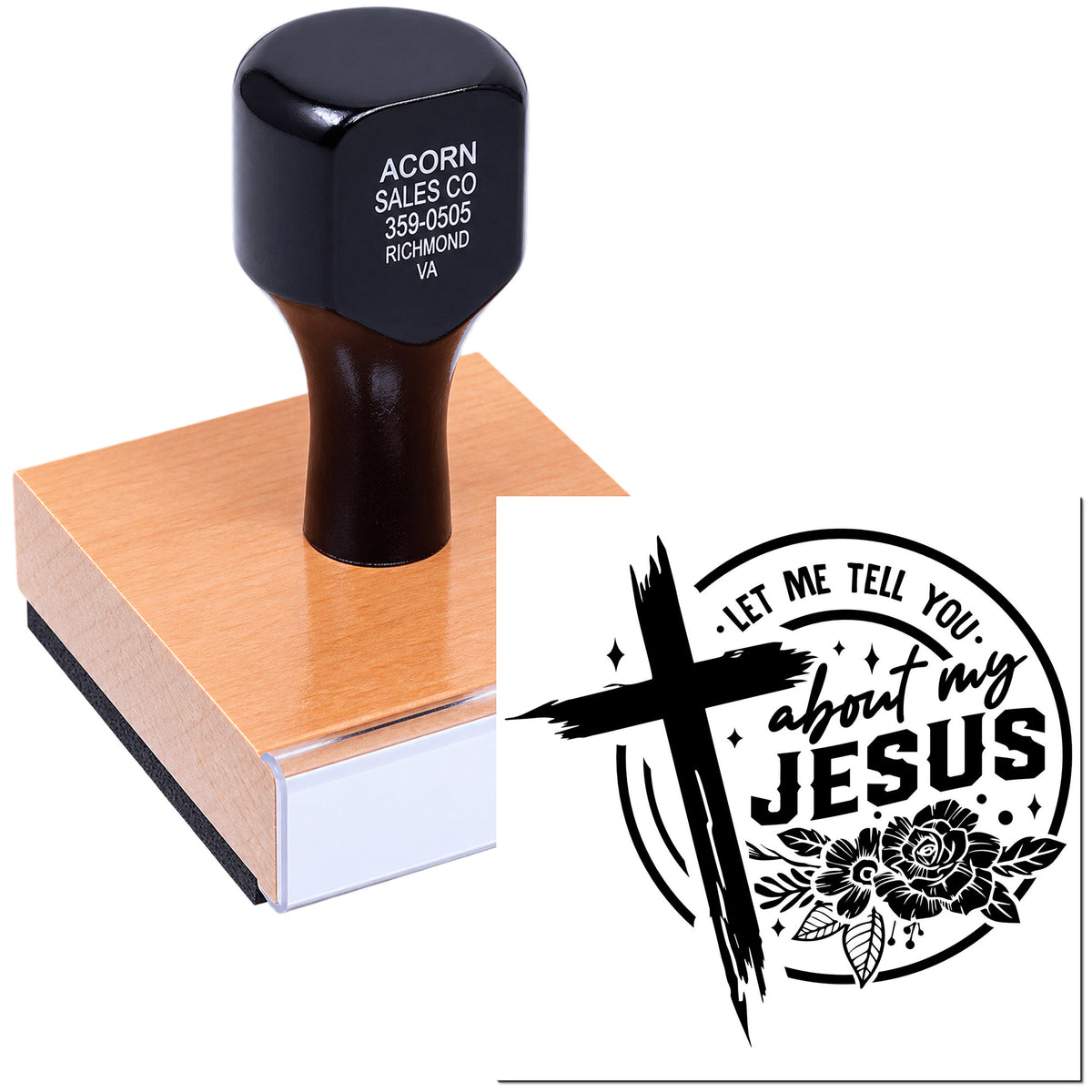 Christian rubber stamp with Let Me Tell You About My Jesus design for faith-based crafts, church projects, and ministry branding.