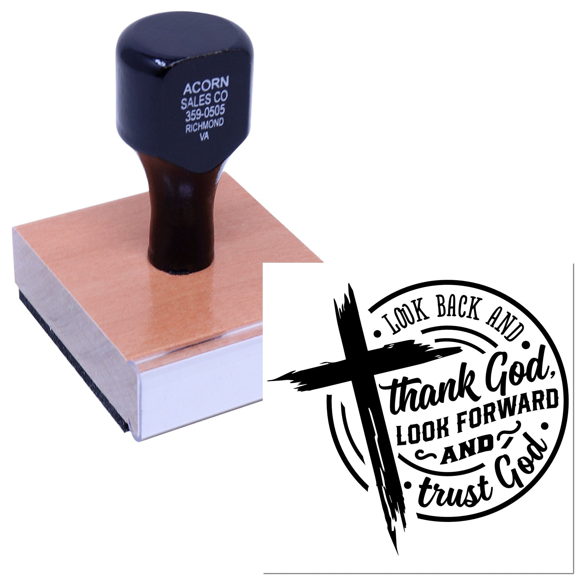 Custom Christian rubber stamp with cross and quote, Look back and thank God, look forward and trust God, for faith-based crafting.