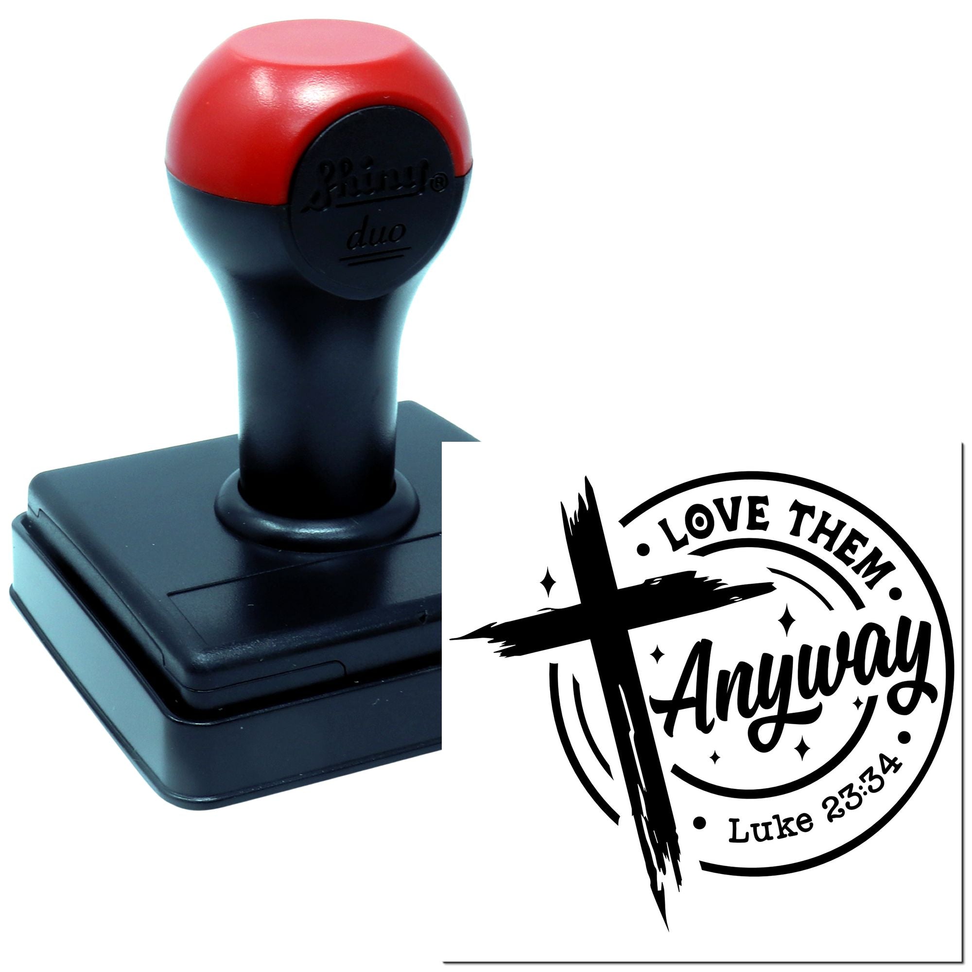 Custom self-inking Christian rubber stamp with Love Them Anyway cross design and Luke 23:34 verse.
