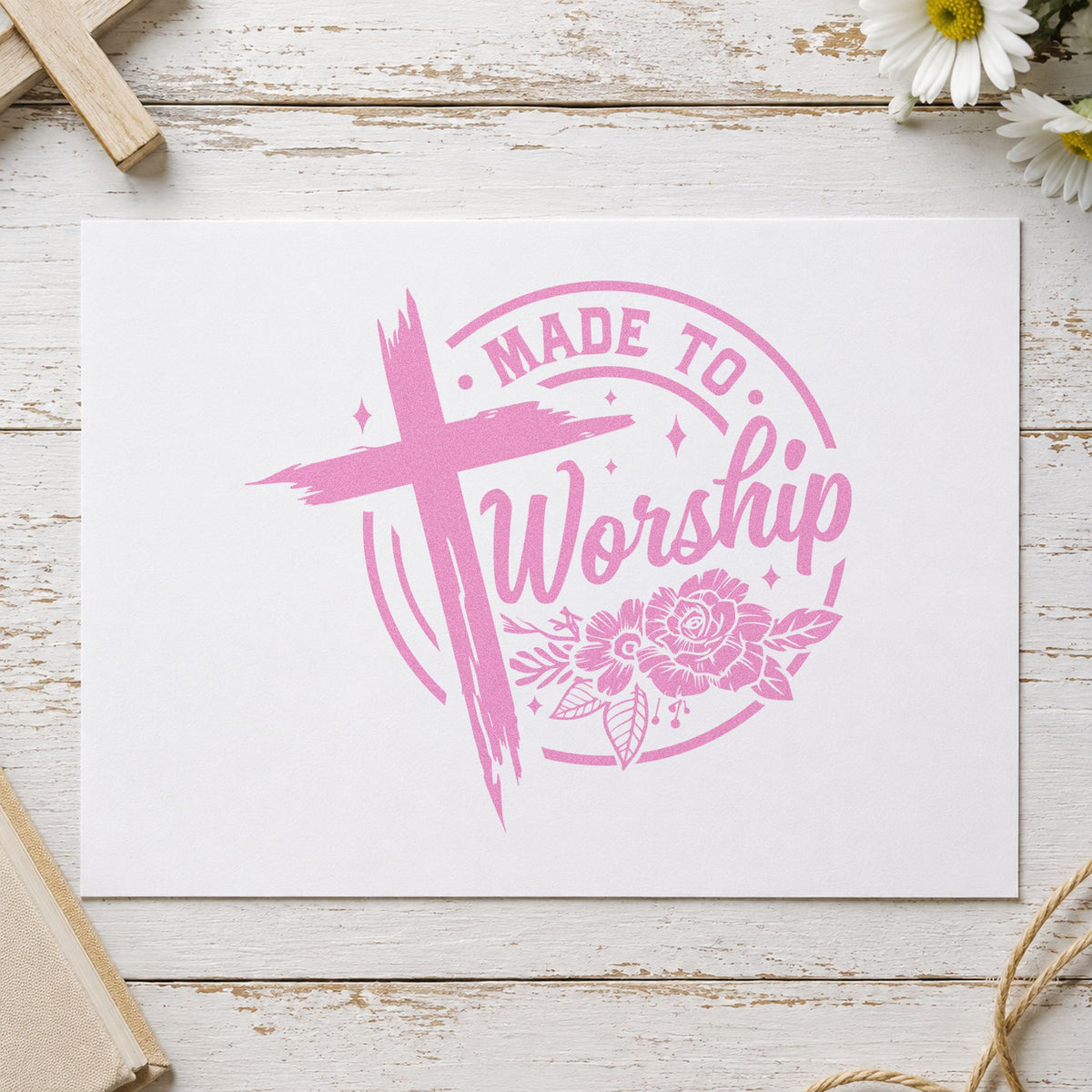 Made to Worship Roses craft stamp in purple ink on cardstock, an easy option for choir folder tags.