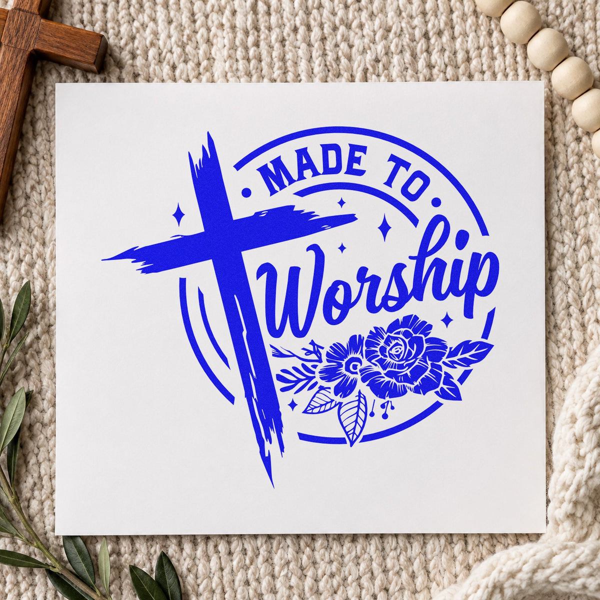 Made to Worship Roses craft stamp in blue ink on cardstock, an easy option for worship night tees.