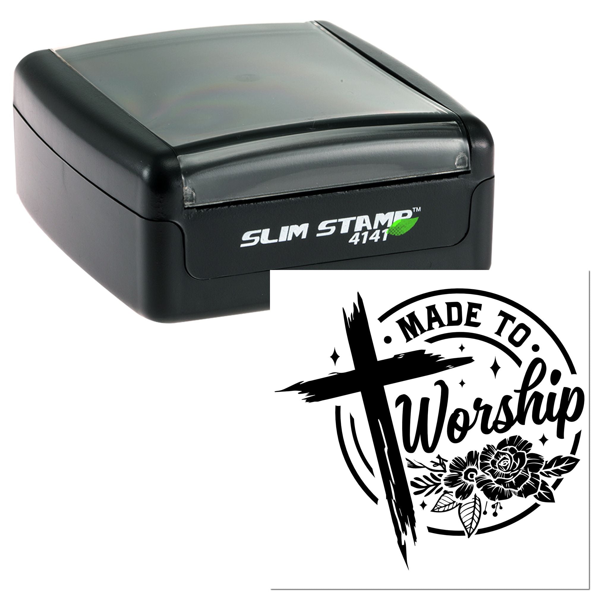 Self-inking Slim Stamp 4141 with Made to Worship floral cross design for custom church and faith craft stamping.