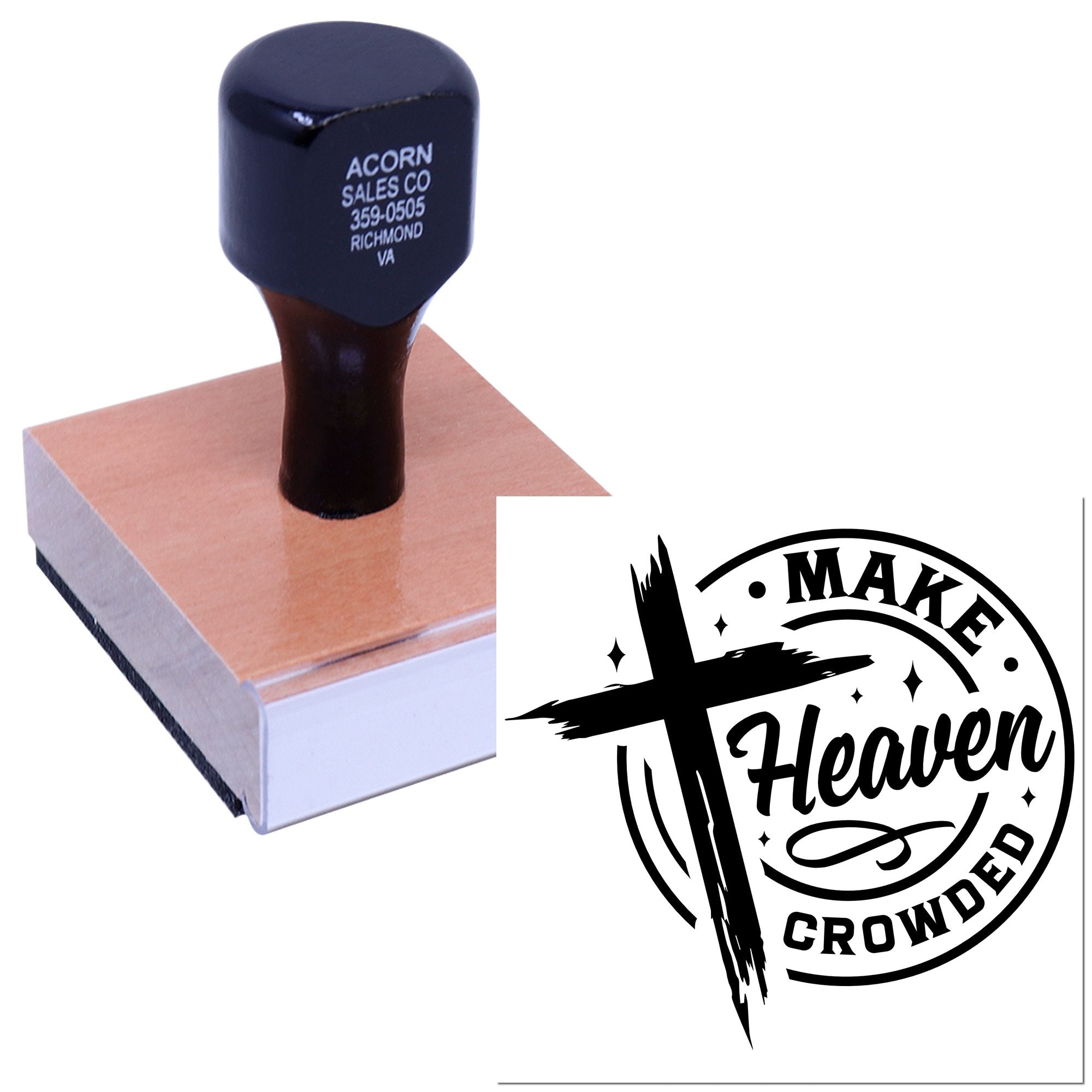 Custom rubber stamp for logo branding, shown with a Make Heaven Crowded design and clear stamped impression.