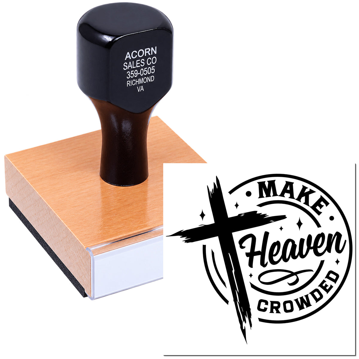 Custom rubber stamp for logo branding, shown with a Make Heaven Crowded design and clear stamped impression.
