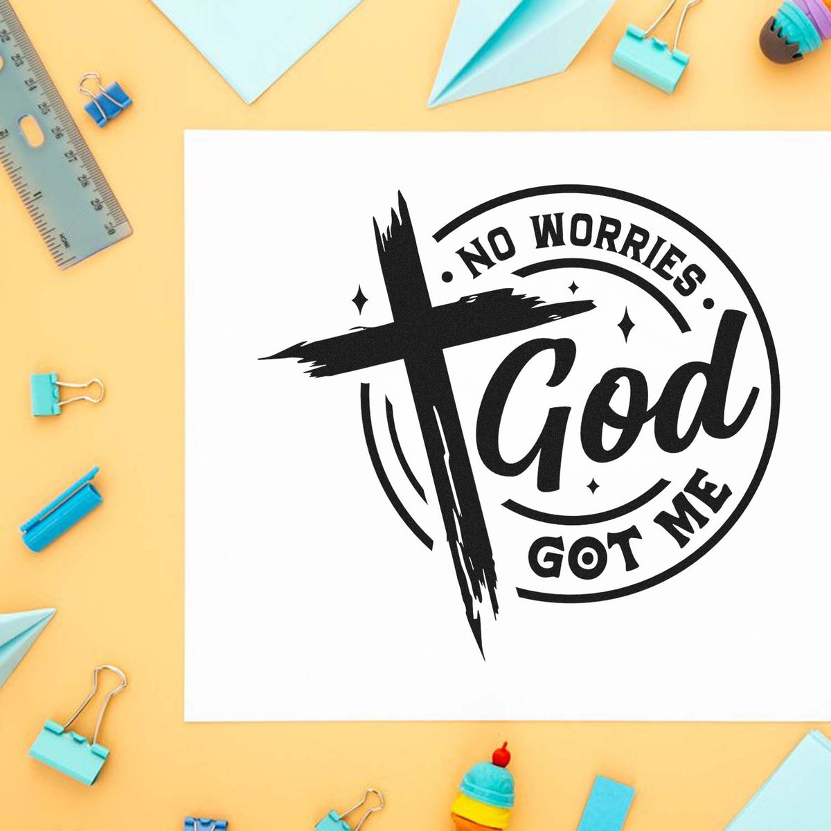 Christian rubber stamp design with No Worries God Got Me quote and cross for faith-based journaling and crafts.