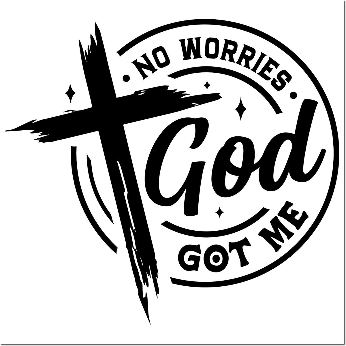 Faith-based rubber stamp design with cross and No Worries God Got Me message for Christian crafts and stationery.