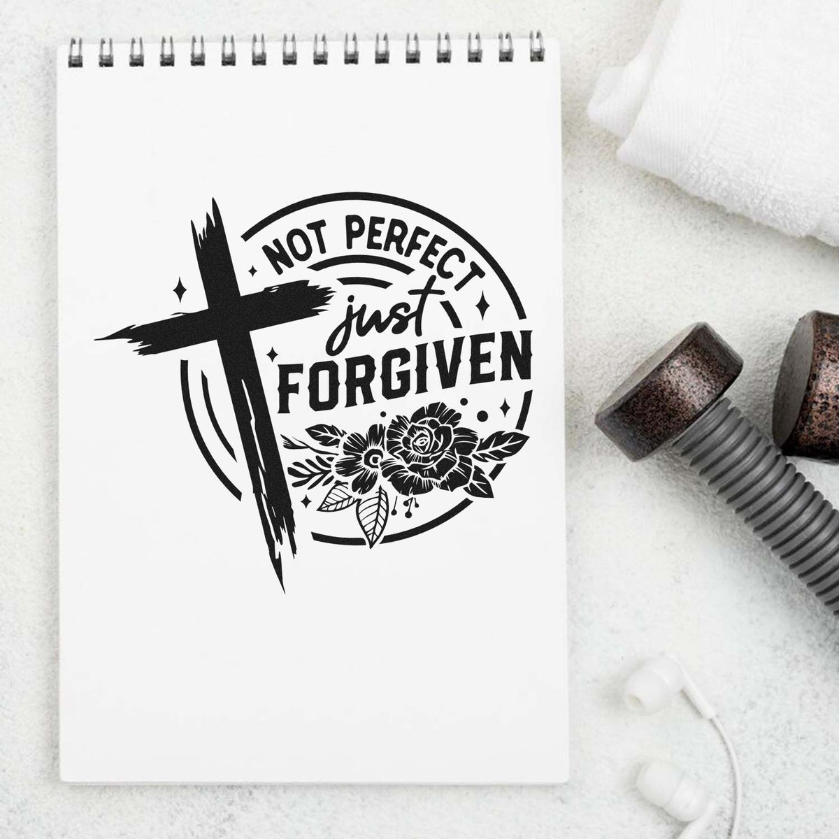 Christian rubber stamp design reading Not Perfect, Just Forgiven with cross and floral motif for faith crafts.