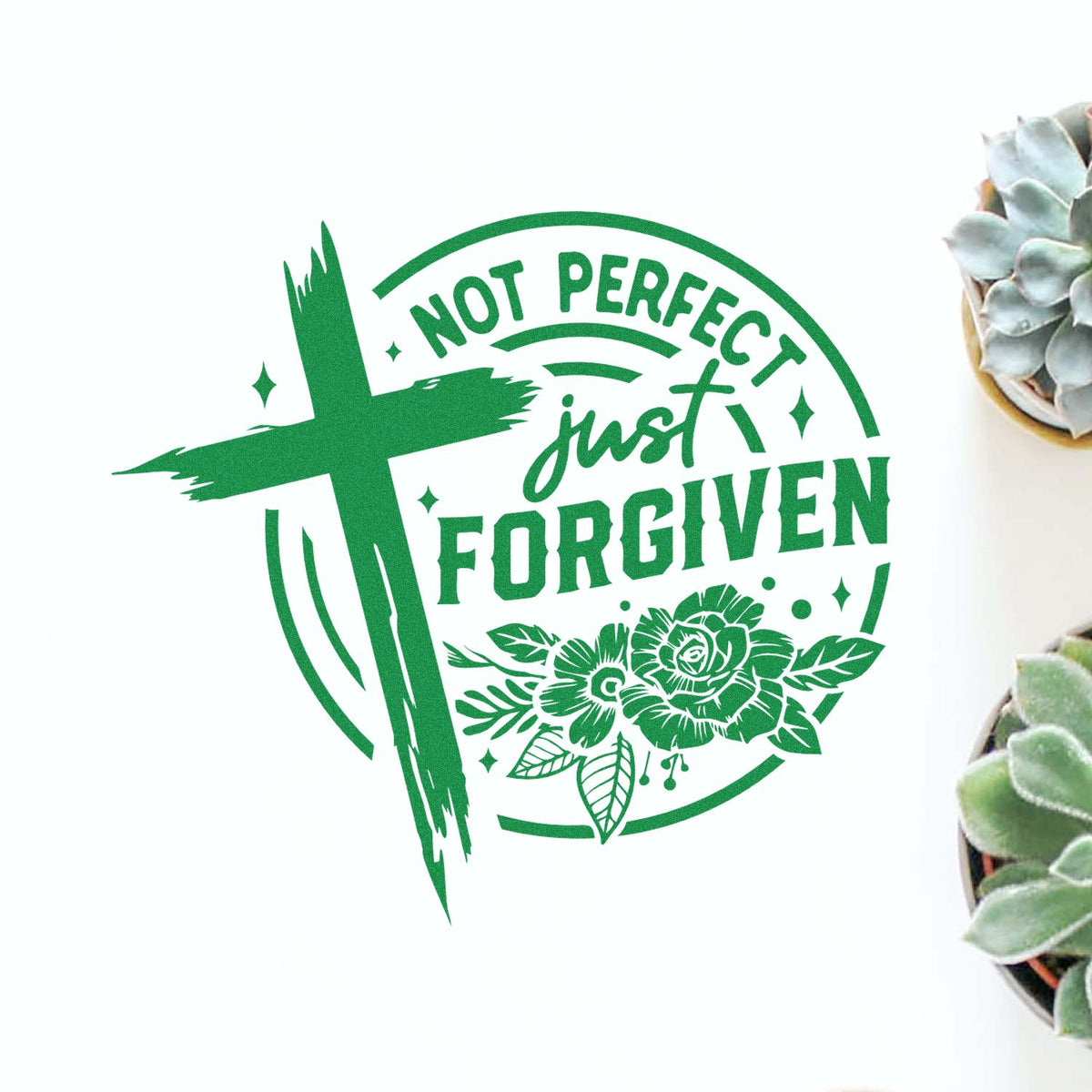 Christian rubber stamp design with cross and floral accents reading 'Not Perfect Just Forgiven' for faith-based crafts.