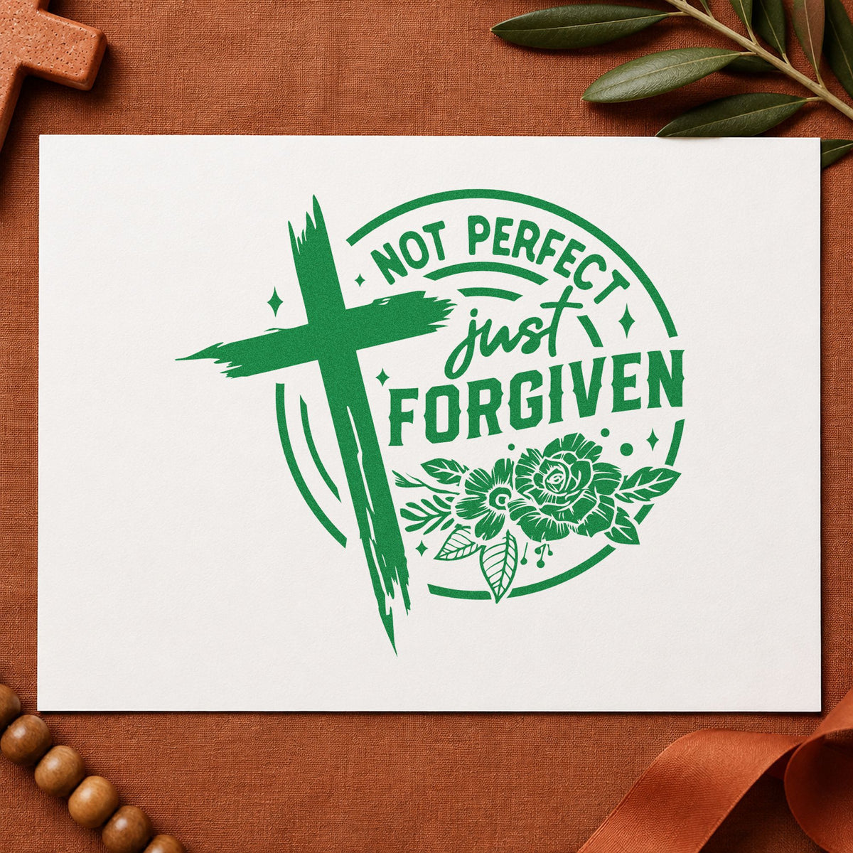 Not Perfect Forgiven Roses craft stamp imprint in green ink on a handmade project, one idea being framed mirror art.