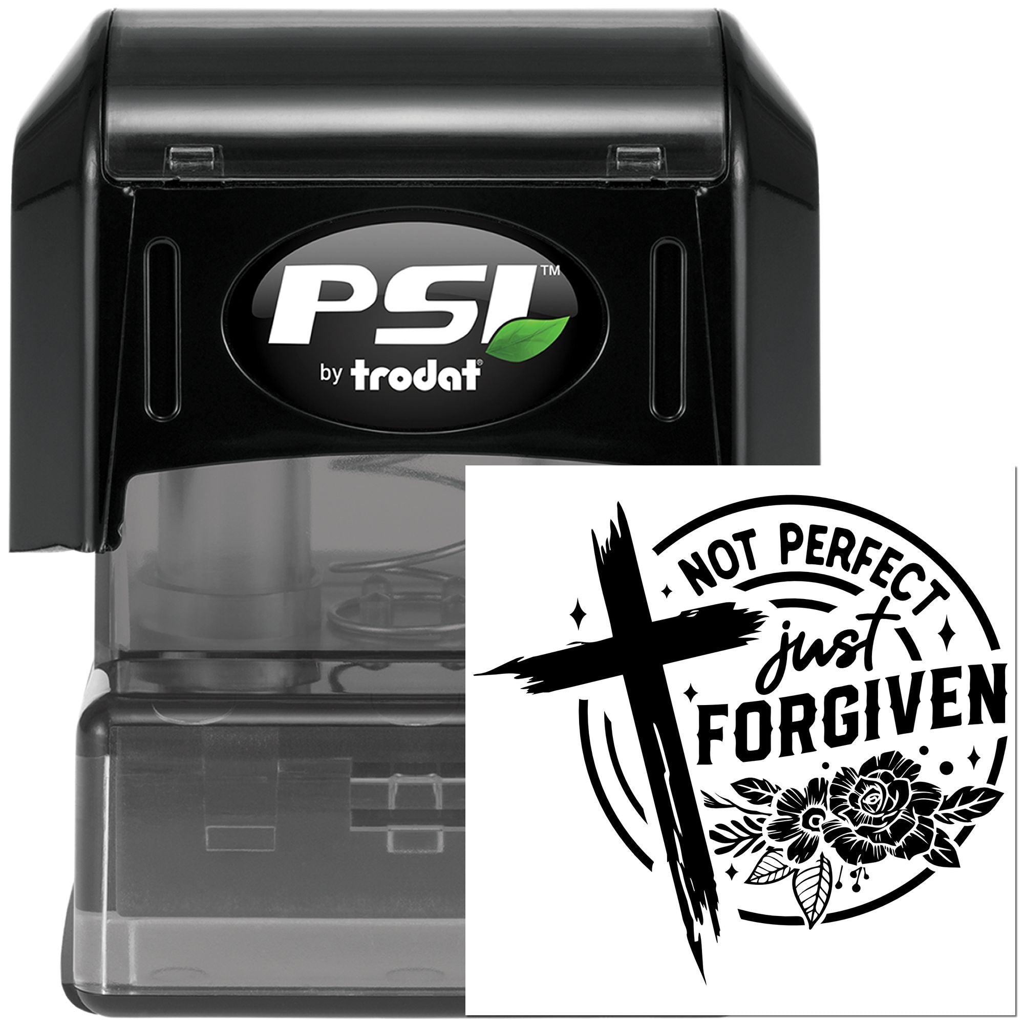 Self-inking rubber stamp with Not Perfect, Just Forgiven Christian faith message for custom church and gift stamping