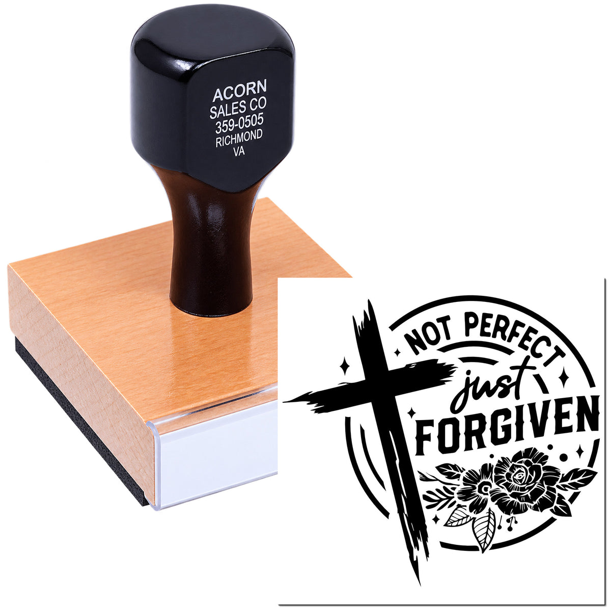 Custom rubber stamps with business address and Not Perfect Just Forgiven inspirational design for crafts and church use.