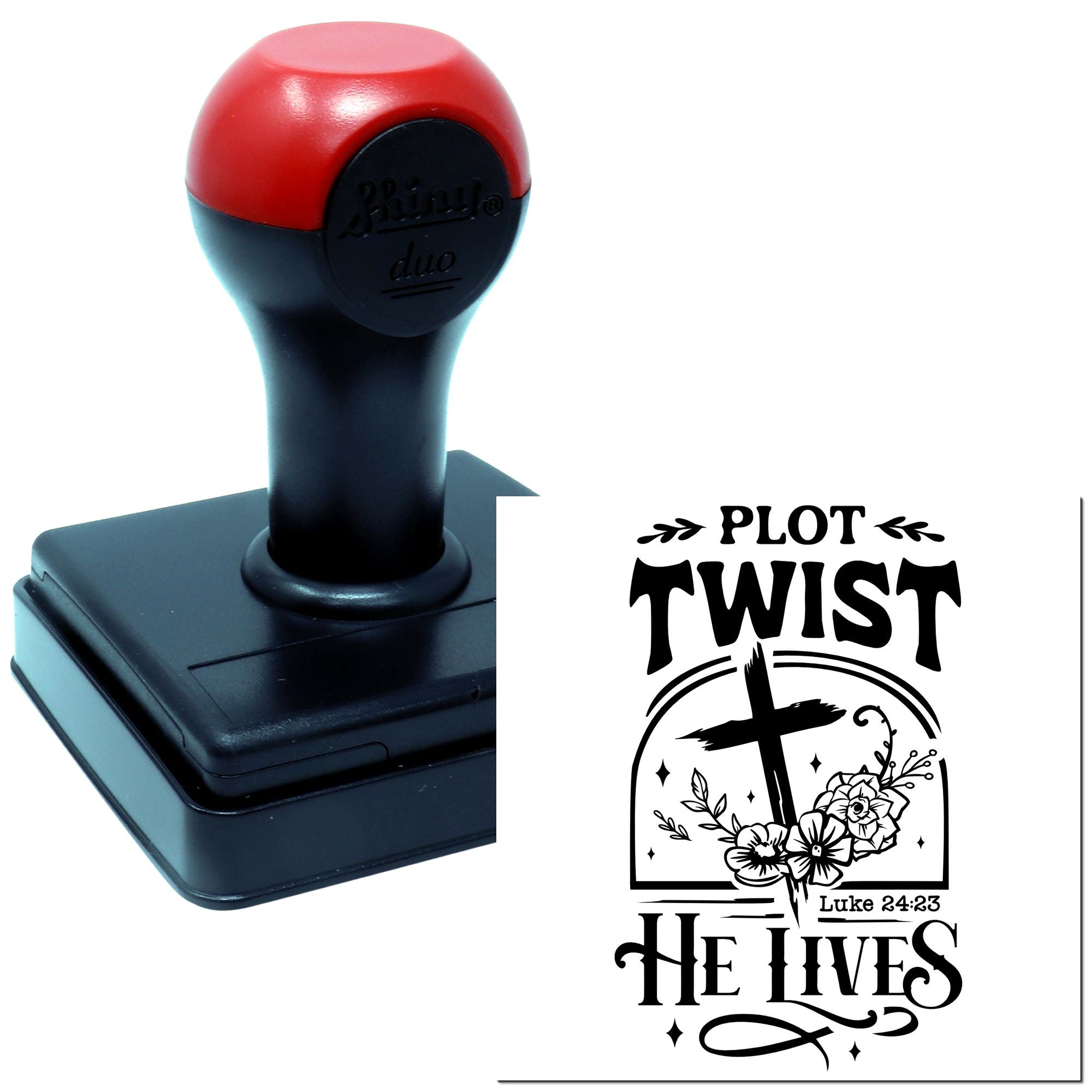Custom self-inking rubber stamp with Plot Twist He Lives Christian design, cross, flowers, and Luke 24:23 Bible verse.