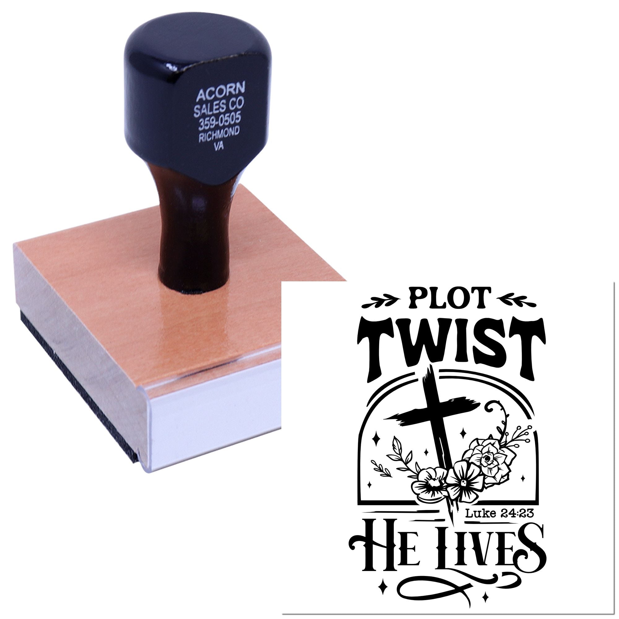 Custom wooden handle rubber stamp with "Plot Twist He Lives" Christian imprint for Bible journaling, crafts, and worship gifts.