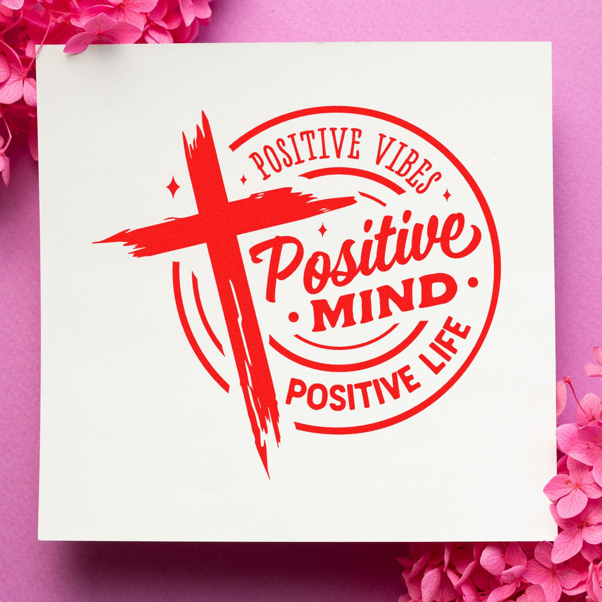 Positive vibes rubber stamp design with bold red motivational text, perfect for uplifting crafts, planners, and branding.