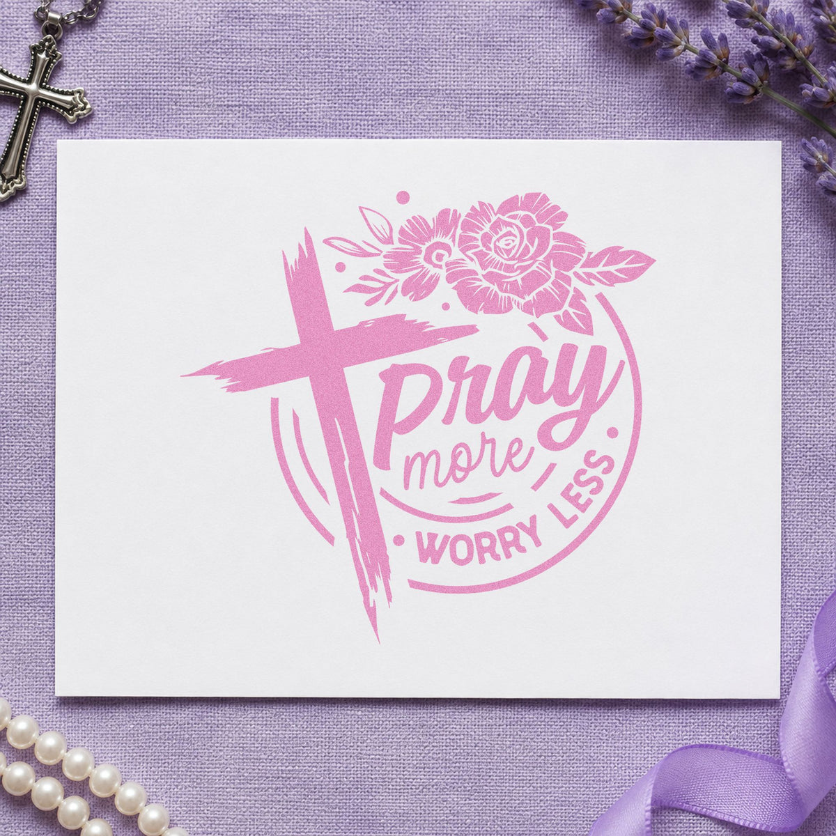 Pray More Worry Less Roses Brushstroke Cross Stamp – Self-Inking in use 10