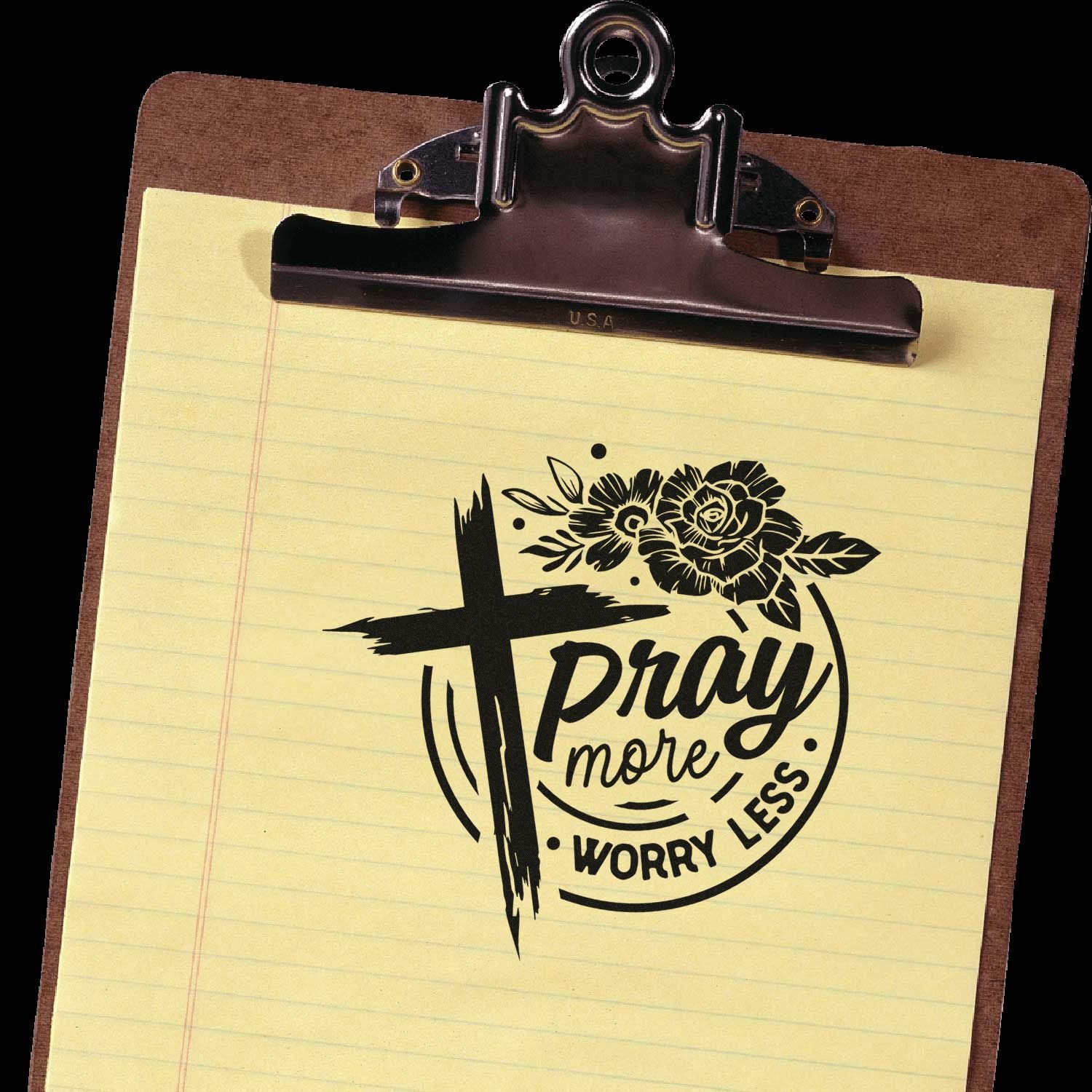 Inspirational Christian rubber stamp with cross, flowers, and Pray More, Worry Less message.
