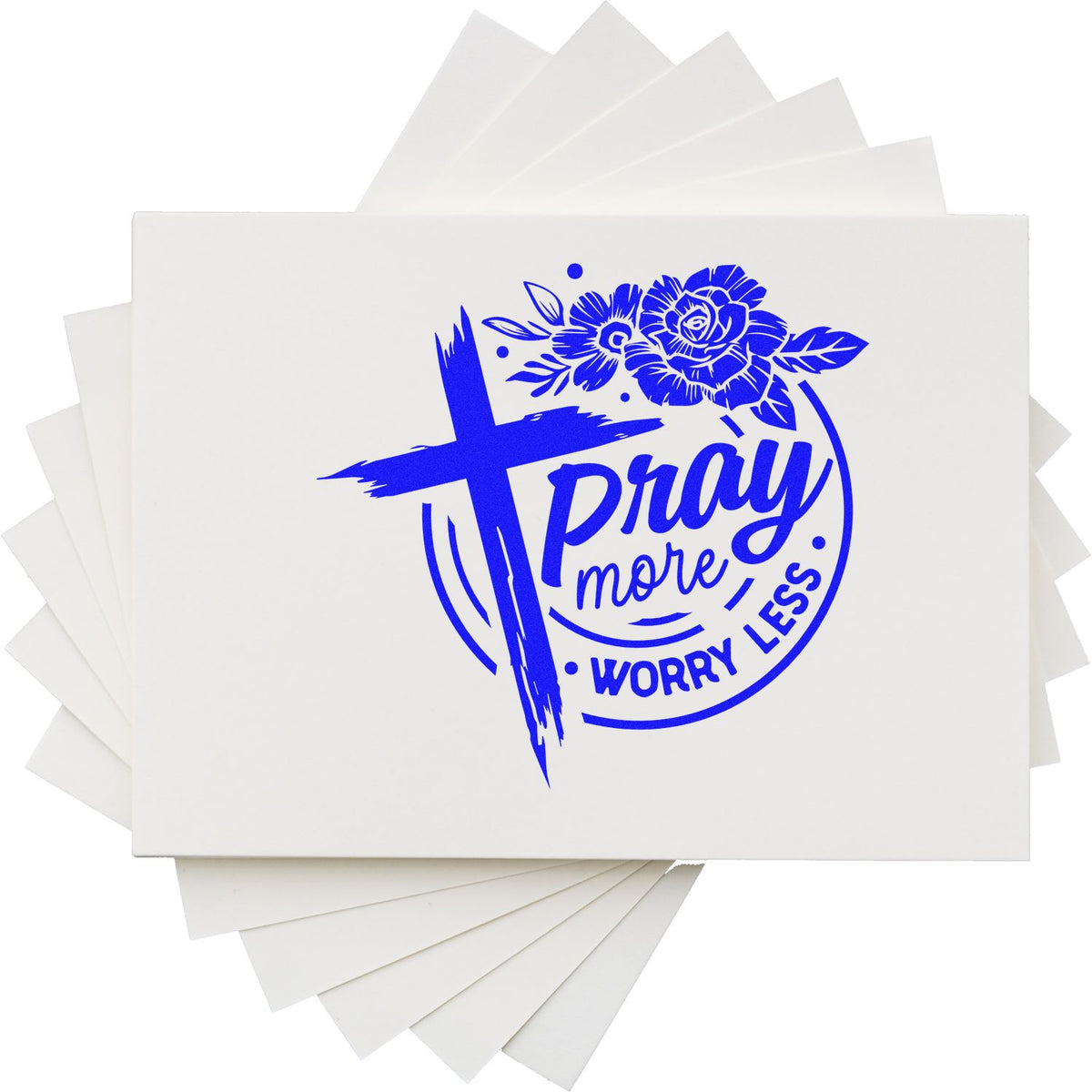 Christian rubber stamp design with cross and flowers reading Pray More, Worry Less for faith-based cards and crafts.