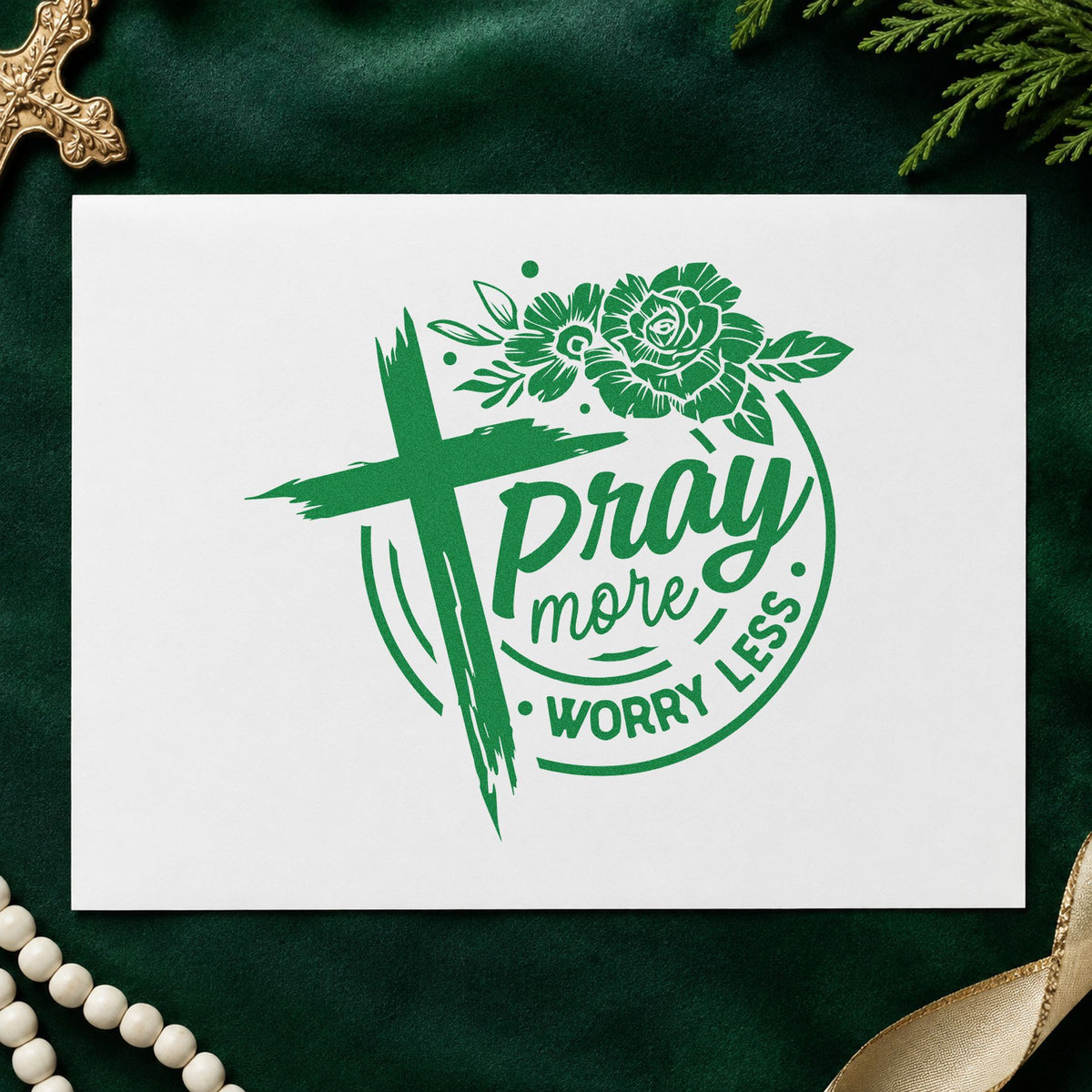 Pray More Worry Less Roses Brushstroke Cross Stamp – Self-Inking in use 3