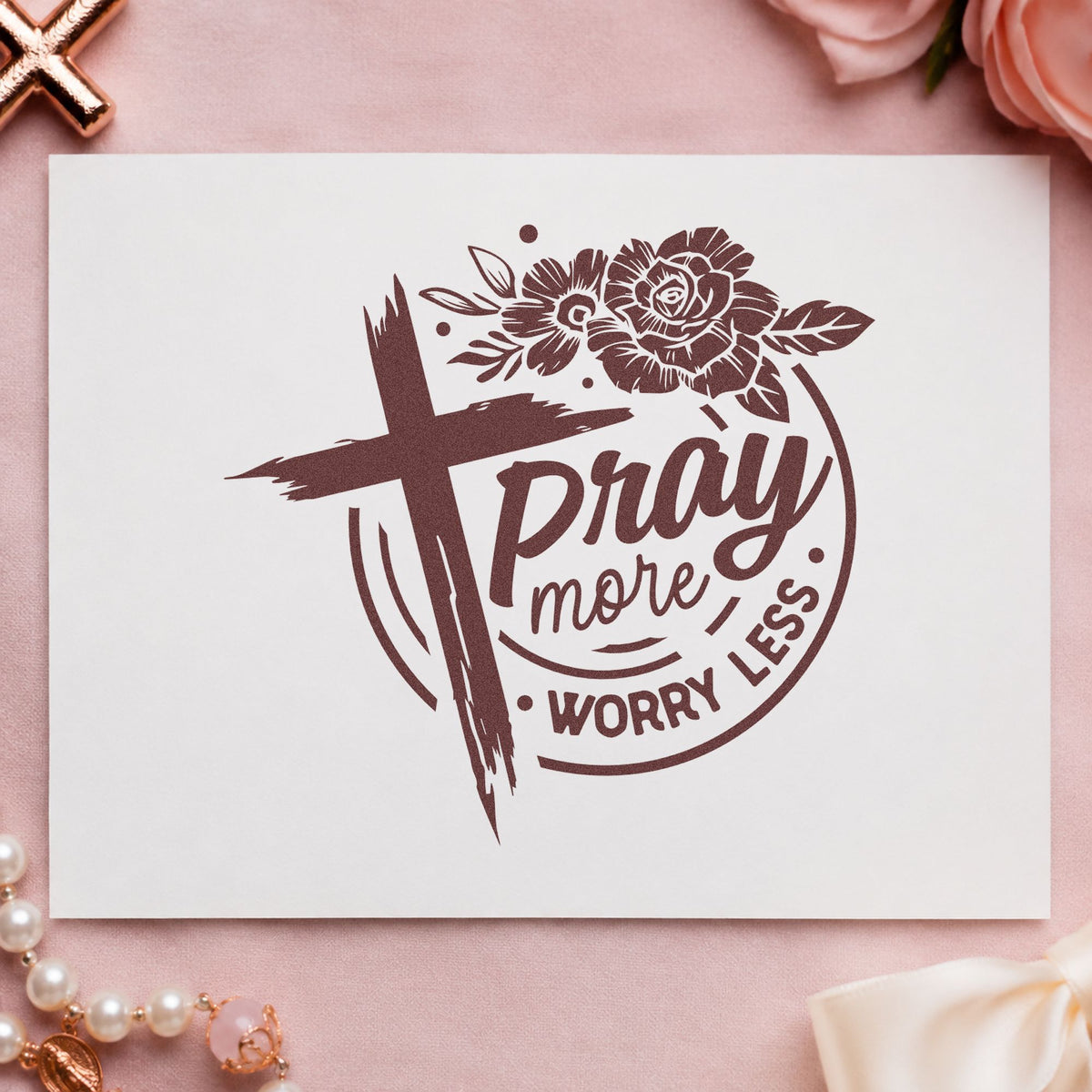Pray More Worry Less Roses Brushstroke Cross Rubber Stamp – Wood Handle in use 4