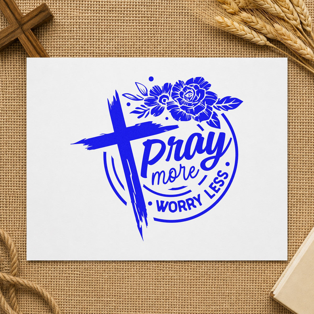 Pray More Worry Less Roses Brushstroke Cross Stamp – Self-Inking in use 6