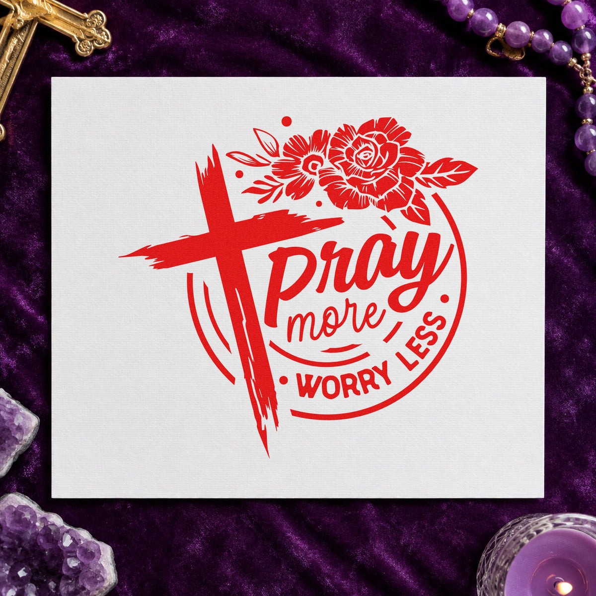 Pray More Worry Less Roses Brushstroke Cross Rubber Stamp – Wood Handle in use 7