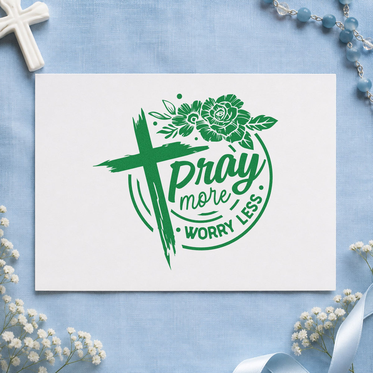 Pray More Worry Less Roses Brushstroke Cross Rubber Stamp – Wood Handle in use 8