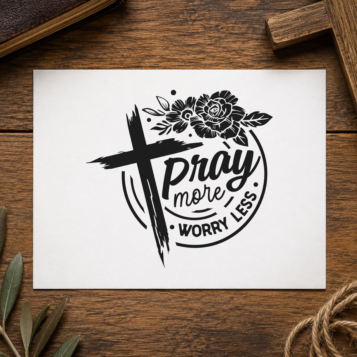 Pray More Worry Less Roses Brushstroke Cross Rubber Stamp – Wood Handle in use 9