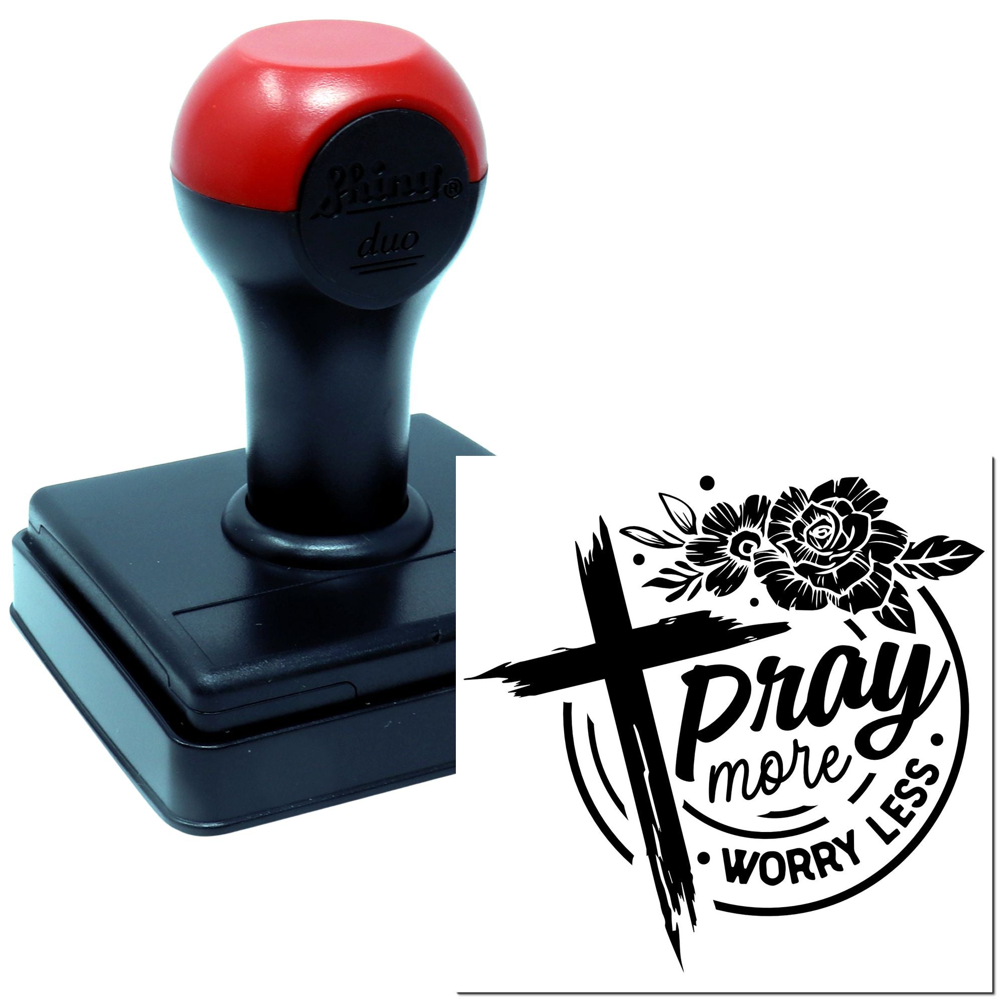 Custom self-inking rubber stamp with floral Pray more, worry less design for faith-based crafts and branding